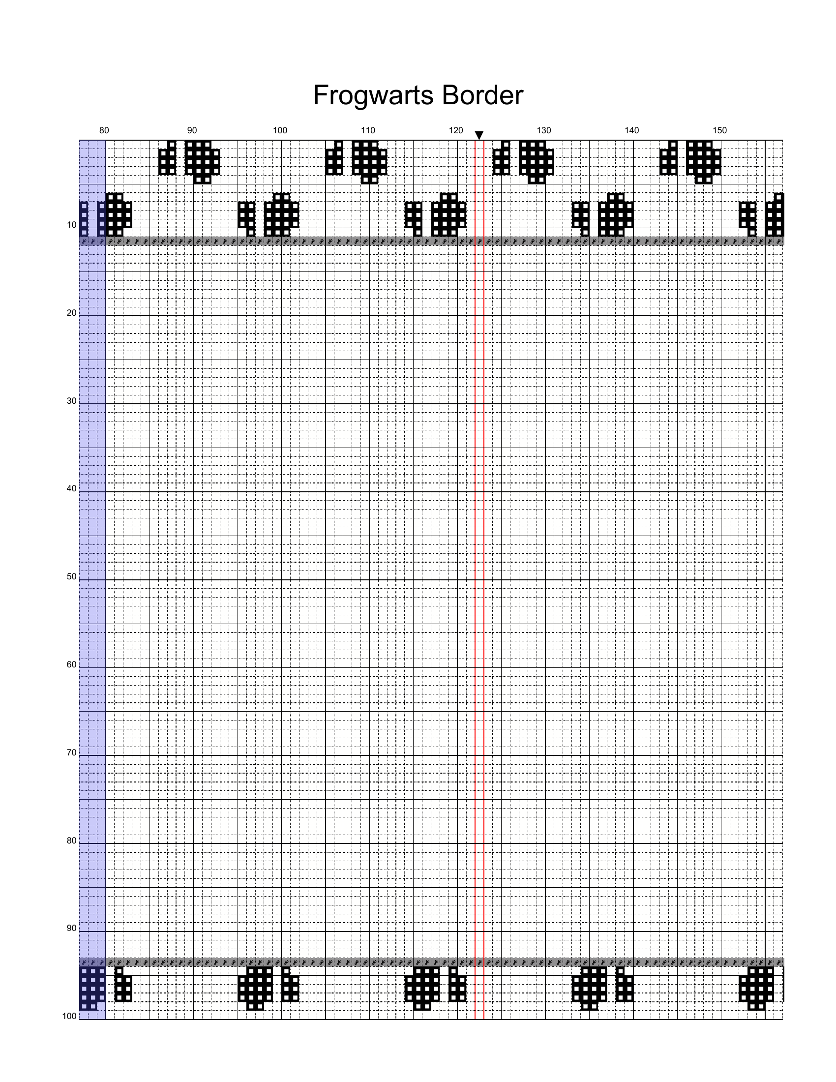 Adjacent chart page showing the small black triangle arrow at column 120 marking the horizontal center of the design