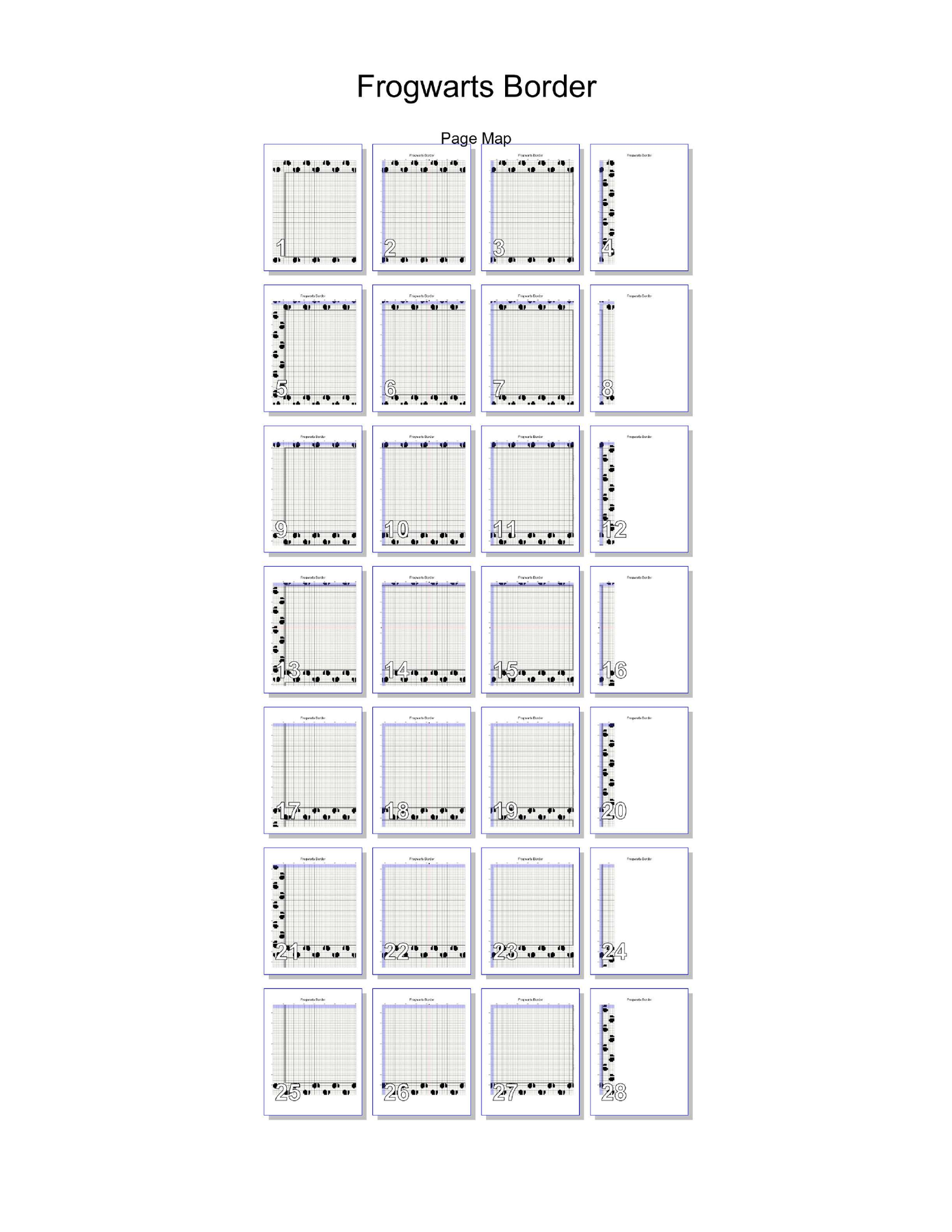 The Frogwarts Border page map: a thumbnail grid showing all 28 chart pages laid out in a 4-column by 7-row arrangement, with each page numbered
